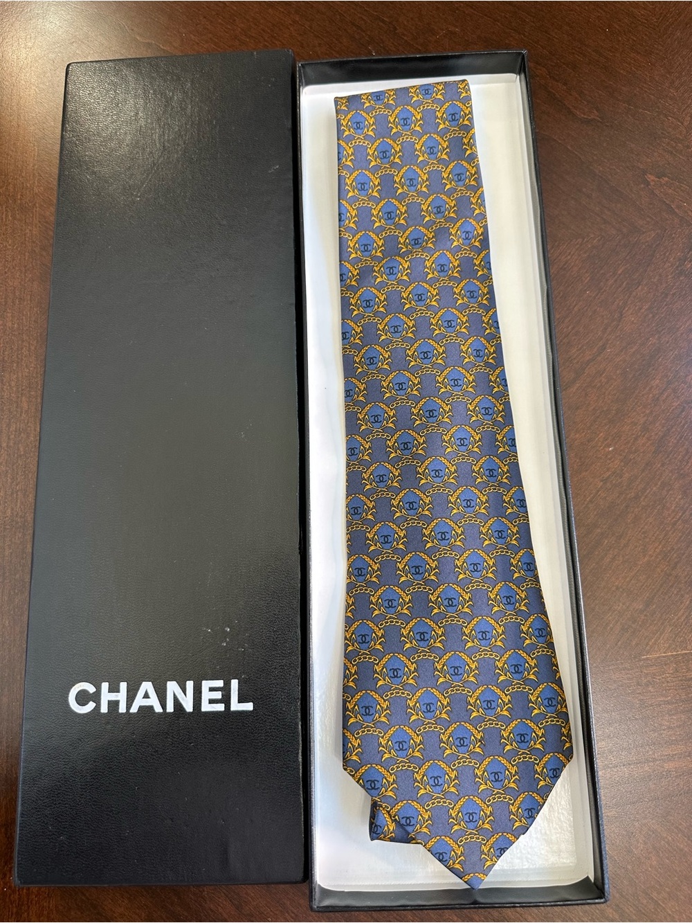 CHANEL Men's Blue and Gold Motif Silk Tie